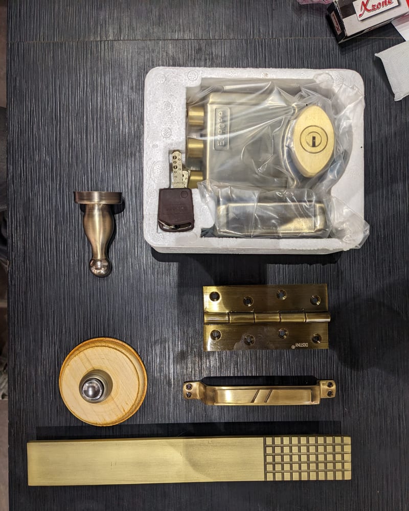 Brass locks, hinges and interior fittings